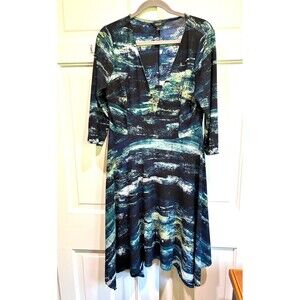 Simply Vera Wang Dress Large Blue Abstract Print  3/4 Sleeve V Neck Stretch